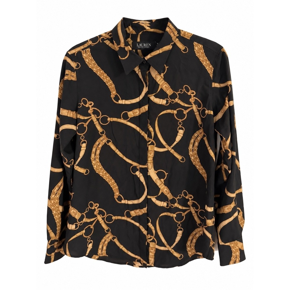 Lauren Ralph Lauren Black Gold Chain Belt Print Button Down Shirt NWT Medium